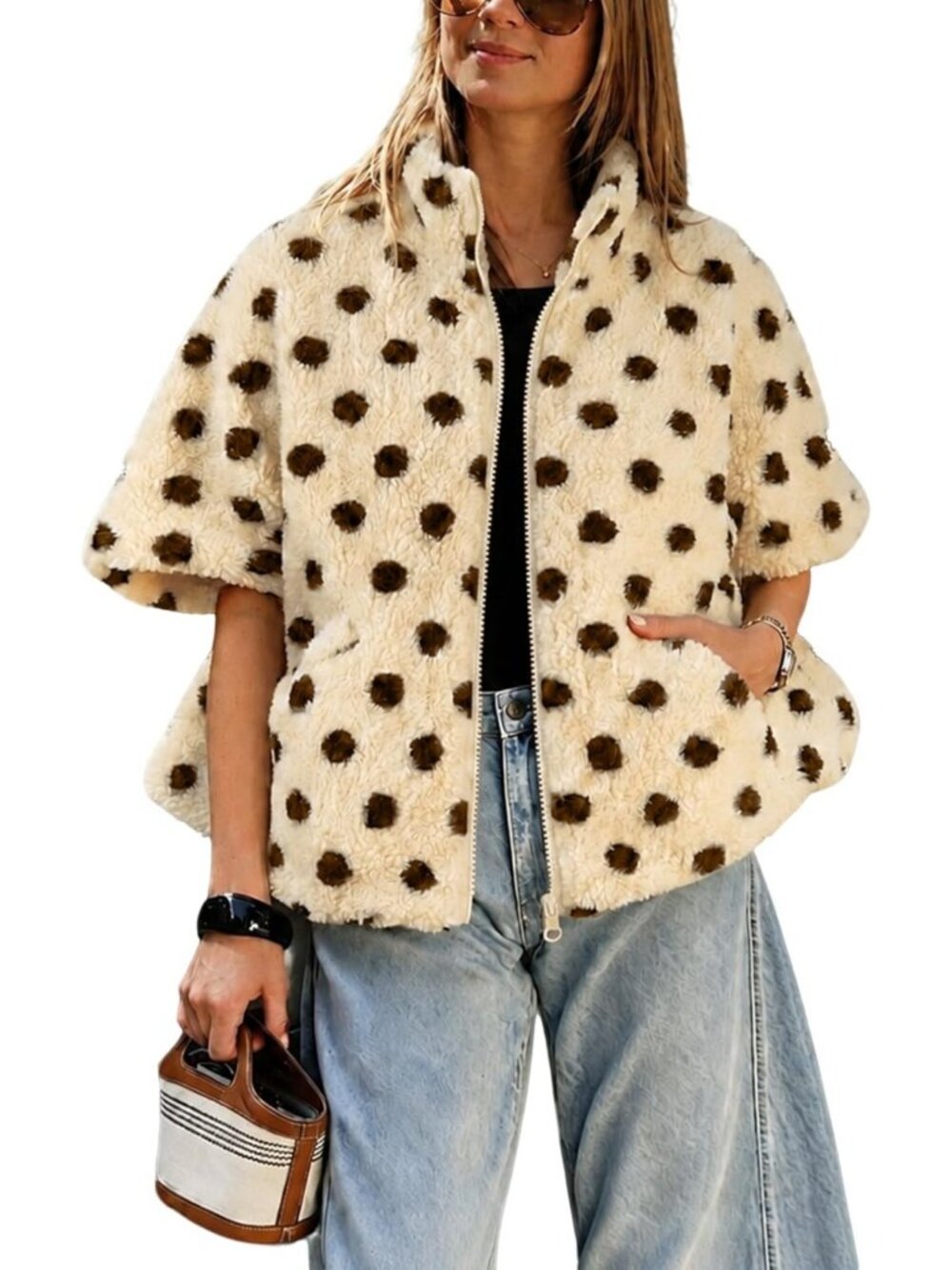 Polka Dot Sherpa Fleece Vest for Women | Cozy Zipper Gilet | Stylish Layering